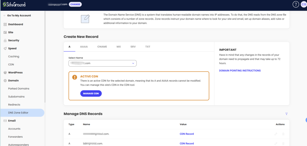 siteground DNS zone editor